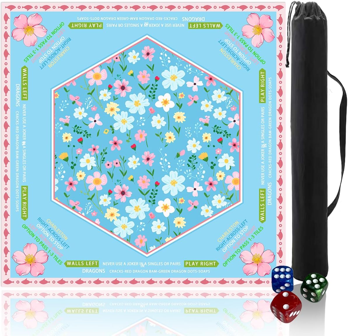 mahjong mat for table with Drawstring Bag/31.5Inch/american mahjong table cloth with rules mats,Noise Reduction Anti-Slip game mat for table,for Mahjong/Poker/Board Games/Card Games/Dominoes (blue)