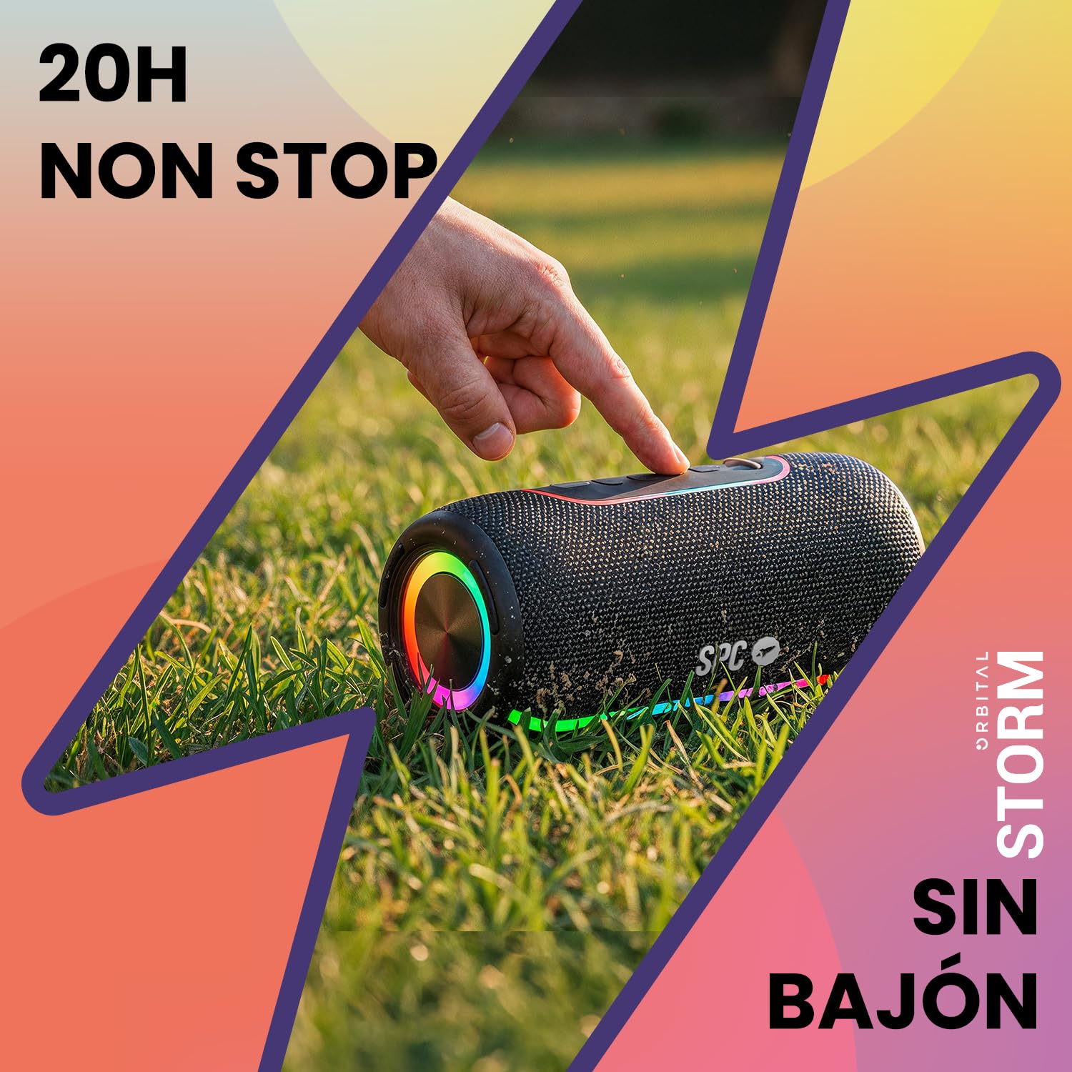 SPC Orbital Storm – Altavoz Bluetooth Potente 60W portátil con luz LED 360° | hasta 20h de batería | IPX6 Resistente al Agua | True Wireless | USB, microSD y Jack 3.5mm | Altavoz con Correa