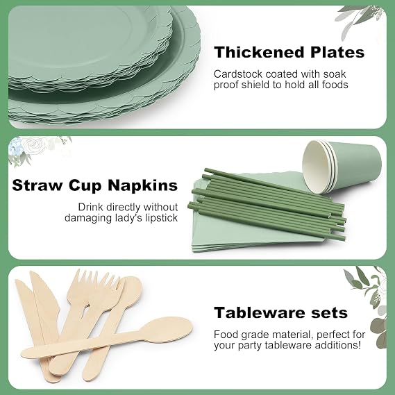 201PCS Sage Green Tableware Set for 25 Guests – Elegant Disposable Plates, Cups, Napkins with Wooden Cutlery & Name Card – Eco Party Supplies for Wedding, Baby Shower, Picnic, Garden Events