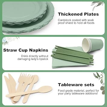 201PCS Sage Green Tableware Set for 25 Guests – Elegant Disposable Plates, Cups, Napkins with Wooden Cutlery & Name Card – Eco Party Supplies for Wedding, Baby Shower, Picnic, Garden Events