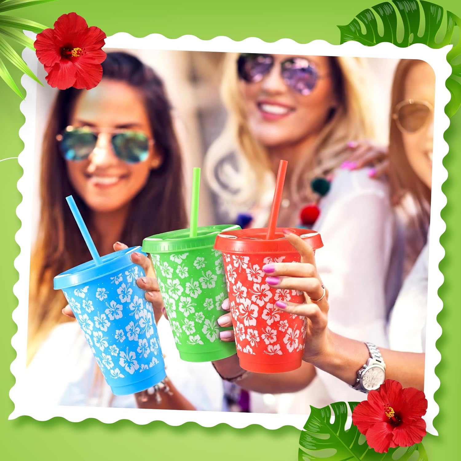Skylety 36 Pcs Plastic Hawaii Luau Cups with Lids and Straws 16 oz Reusable Tropical Floral Party Cups Summer Hibiscus Drinking Supplies for Aloha Tiki Birthday Pool Beach Party(Flower,Colorful)