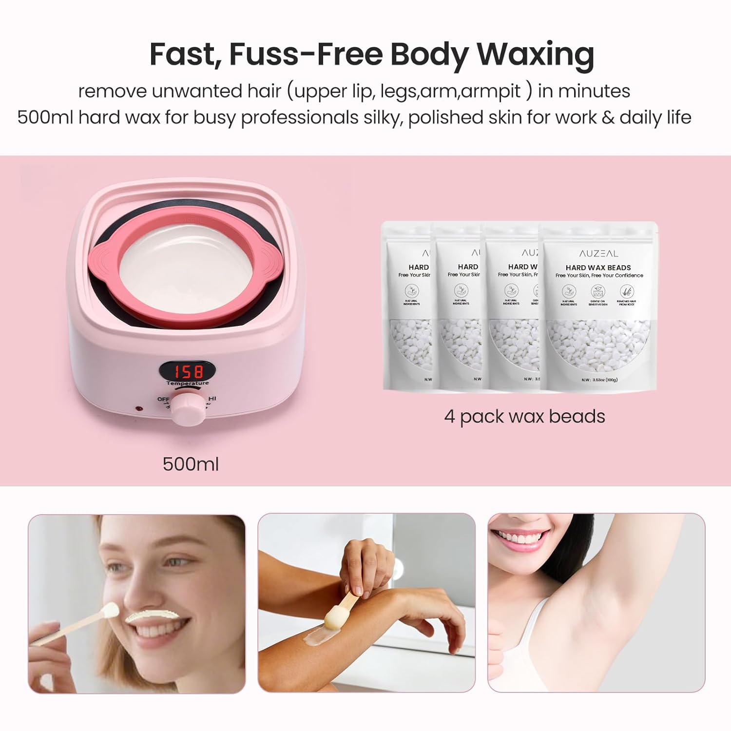 Digital Waxing Warmer For Women, 500ml At Home Waxing Kit With Salon Results, Wax Warmer for Hair Removal for Body, Bikini, Leg, Sensitive Skin, Precise Temp Control, Fast Heating, Pink