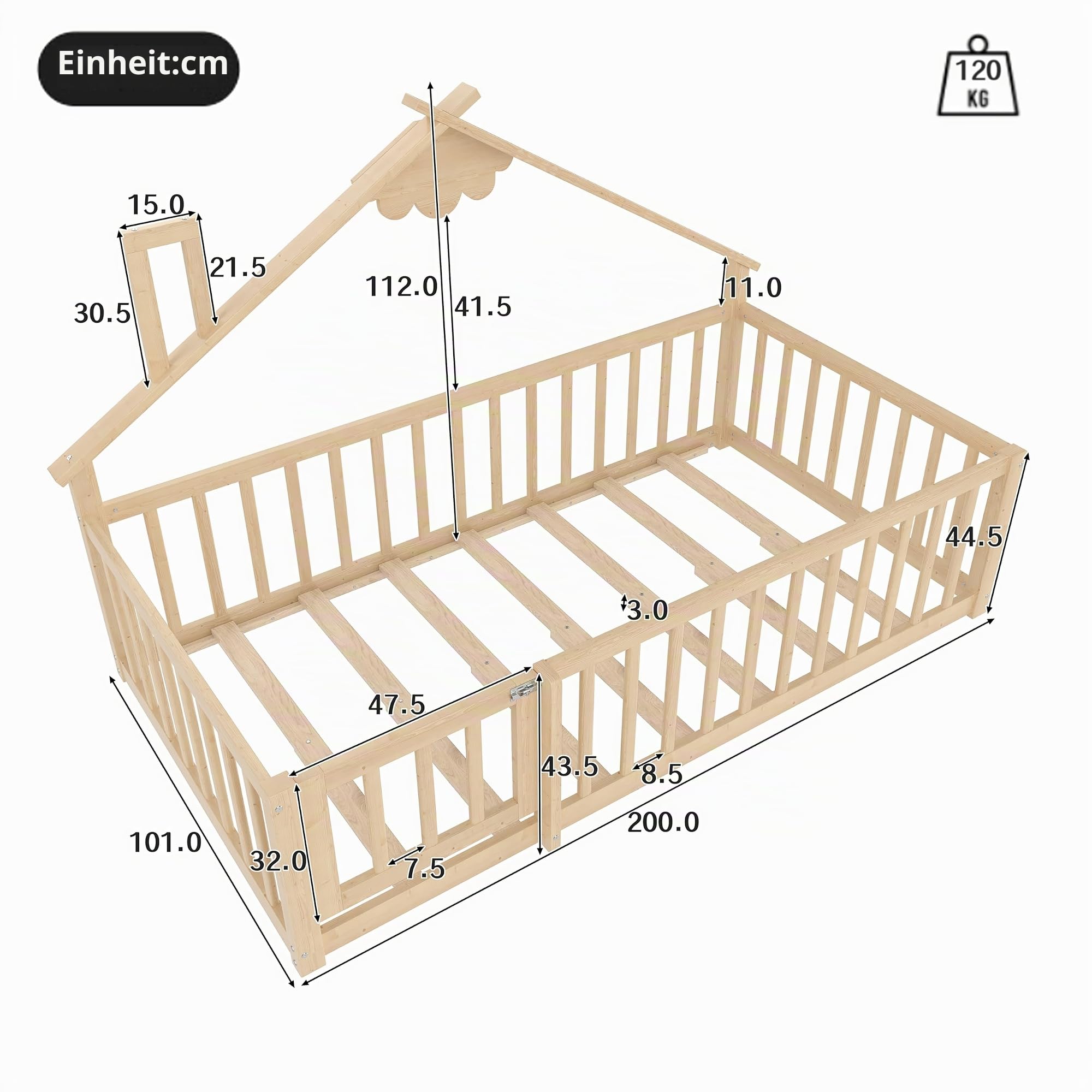 Dolamaní Bodenbett 90x190 cm mit Rausfallschutz und Tür mit Schloss, Kinderbett Bettgestell, Kiefern Holz Bett mit Lattenrost, Holzbett Ohne Matratze (Natürlich)