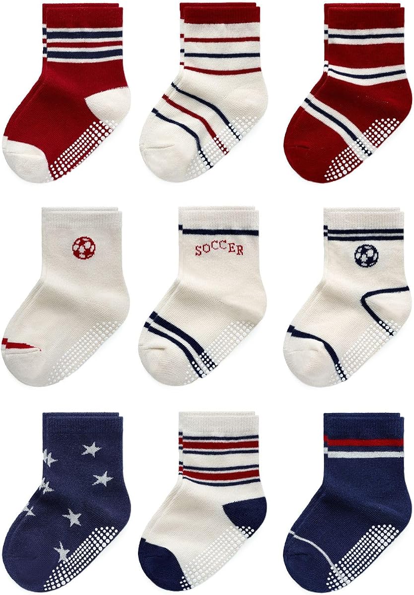 Baby Toddler Essentials Non-Slip Crew Socks for Unisex Boys Girls | Full-Sole Silicone Grips,Combed Cotton,9 Pairs Neutral Colors,Reinforced Heel & Toe,Elastic Cuff,Machine Washable