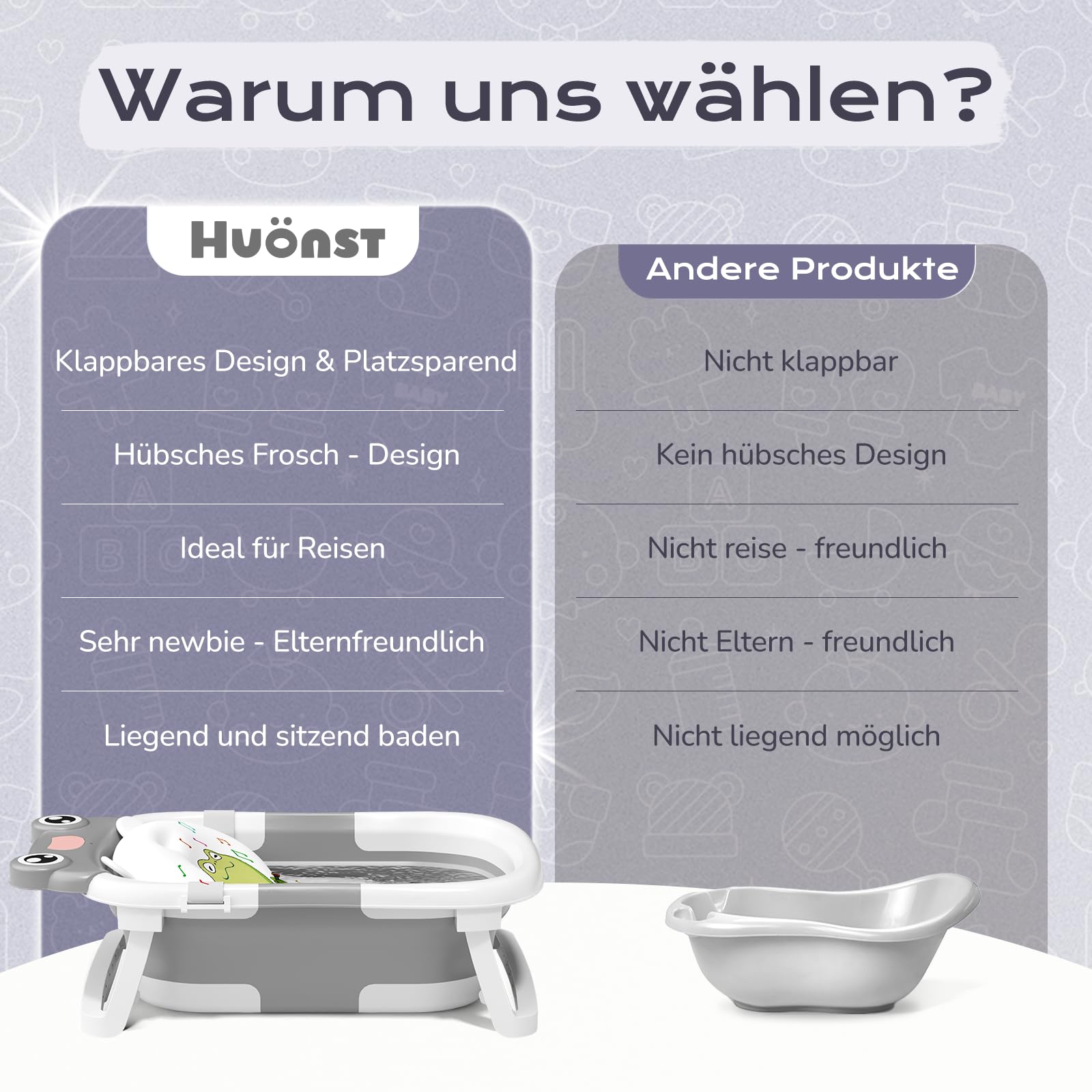 COOSEYA Baby Badewanne, Faltbare Babywanne mit Babybadewanne Stützkissen, Portable Baby Bathtub als Wesentliche Artikel für Neugeborene und Kleinkind, Frosch - Design (Grau)