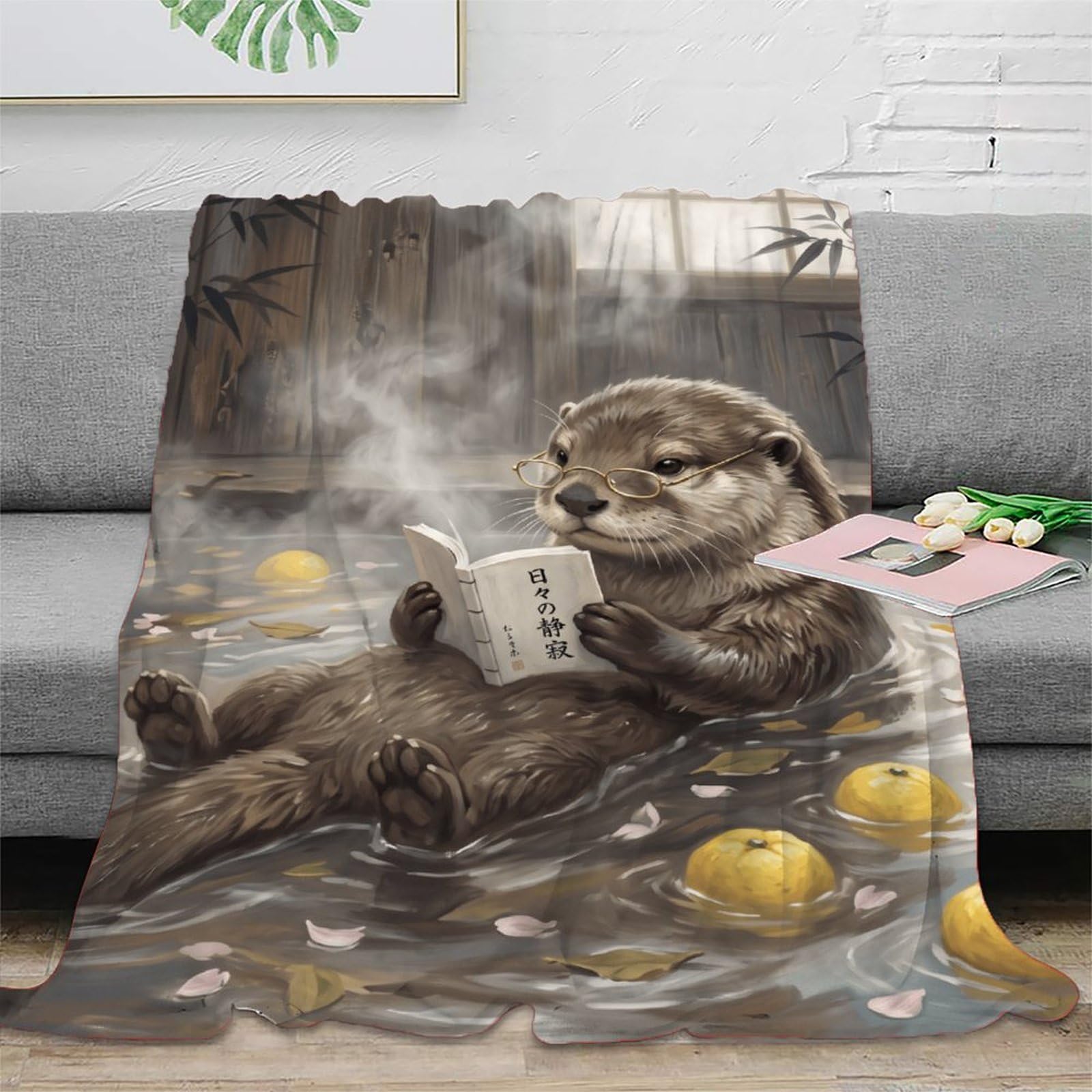 W7C8U2X3 Reading Otter Lemon Bath Throw Blanket, Flannel, Cozy Reading Art