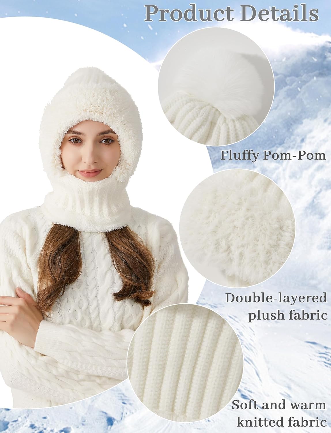SEAUR Women's One-Piece Fleece Lined Knit Balaclava Winter Beanie Mask Neck Scarf Cap with Pompom