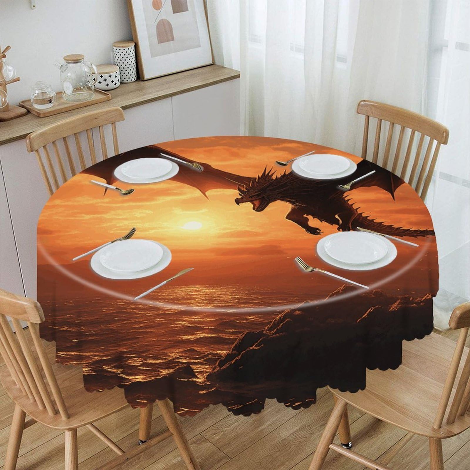 Adfgyerh Style Sea Sunset Flying Dragon Table Cloth Easy To Clean, Home Decor Lace Design, Soft And Comfortable, Round Tablecloth Suitable For Homes, Restaurants, Hotels, Patio Tables, Etc.