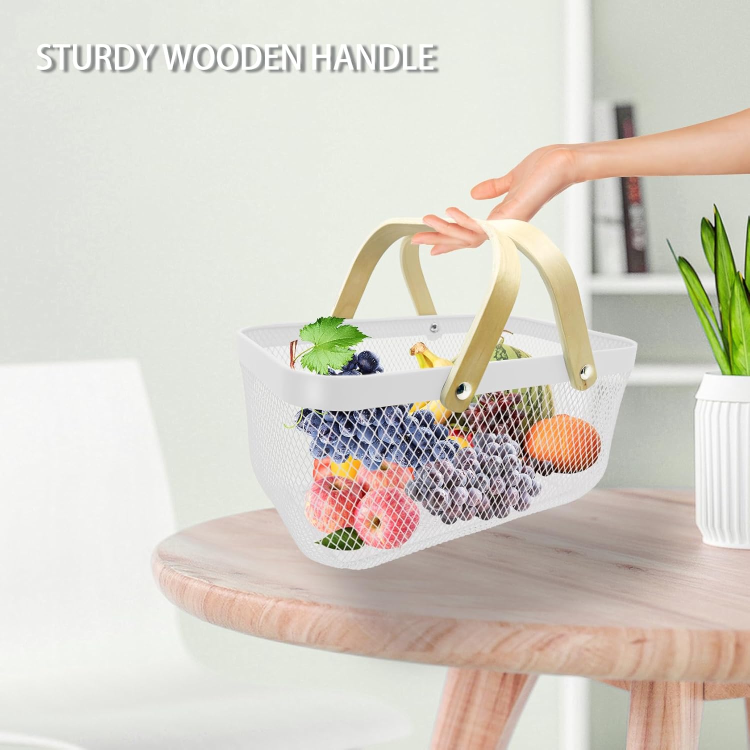 Picnic Harvest Basket Wire Metal Mesh Steel Garden Basket - Produce Storage Basket Multi-Functional Fruit Vegetable Egg Picking Baskets with Handles - Ideal for Kitchen, Bathroom(White)