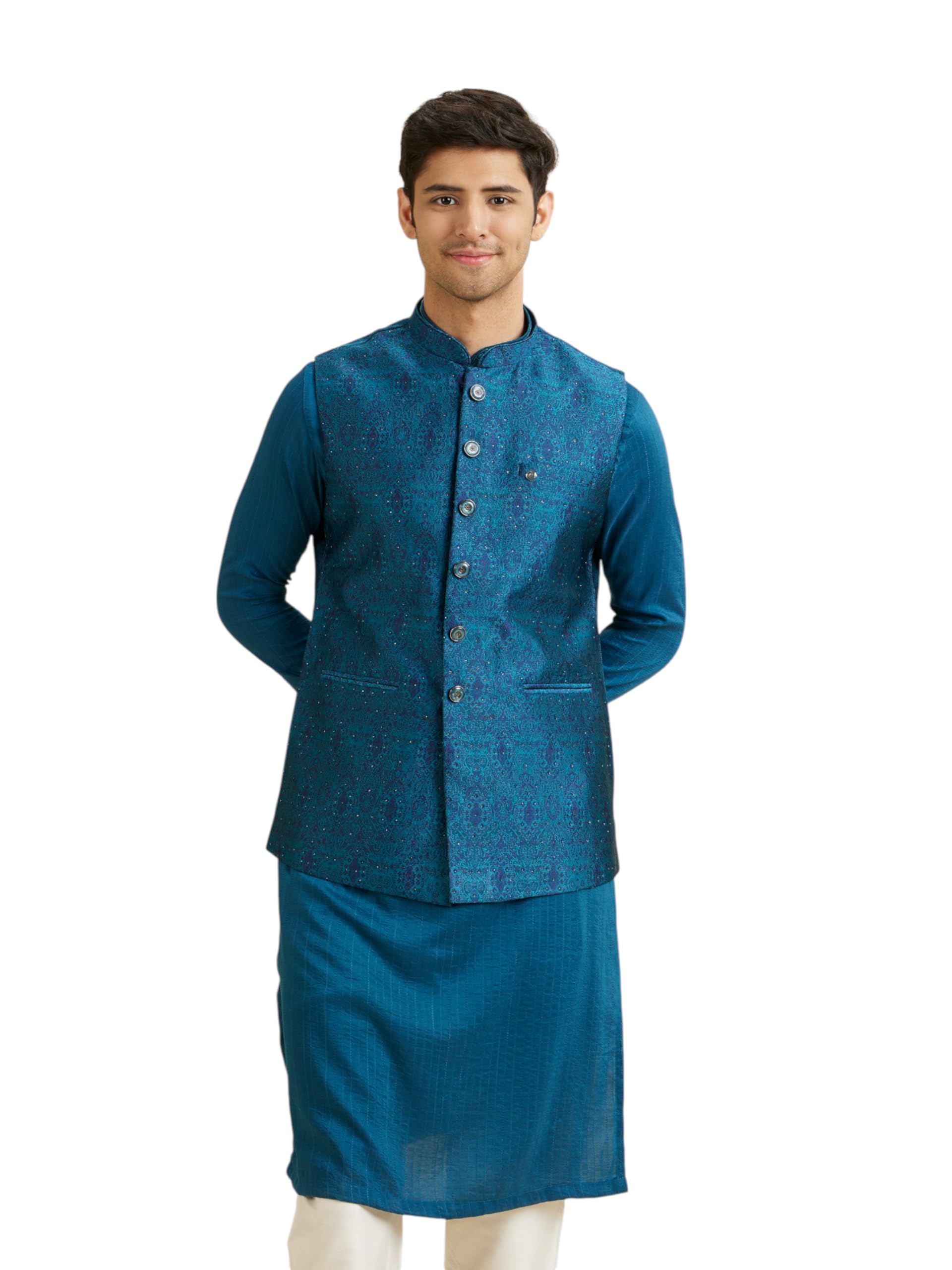 manyavar Men's Brocade Sequinned Nehru Jacket (1pc)-picture-44