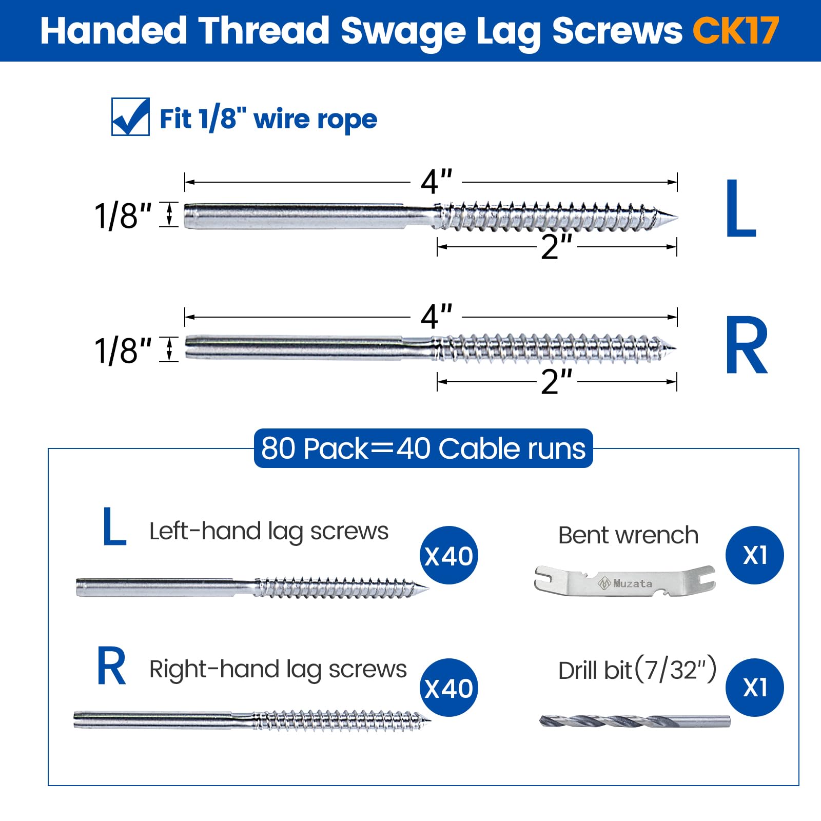 Wire Railing Hardware Muzata 80Pack 1/8 Swage Lag Screws Left & Right ...