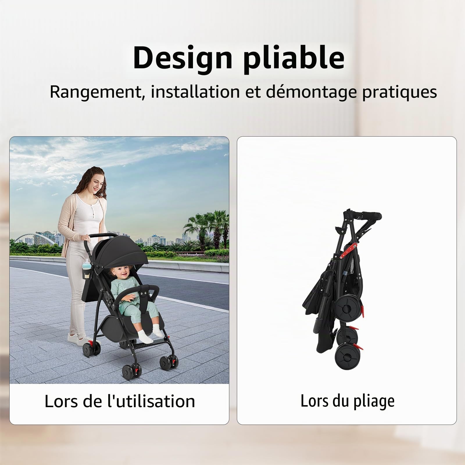 Poussette Pliable,0 à 4 Ans (15kg Max), Légère (4,8 Kg), Réglage Du Dossier Jusqu'à La Position Couchée,Un Espace de Rangement en Bas,avec Coton, Porte-Gobelet, Pare-Soleil (Noir)
