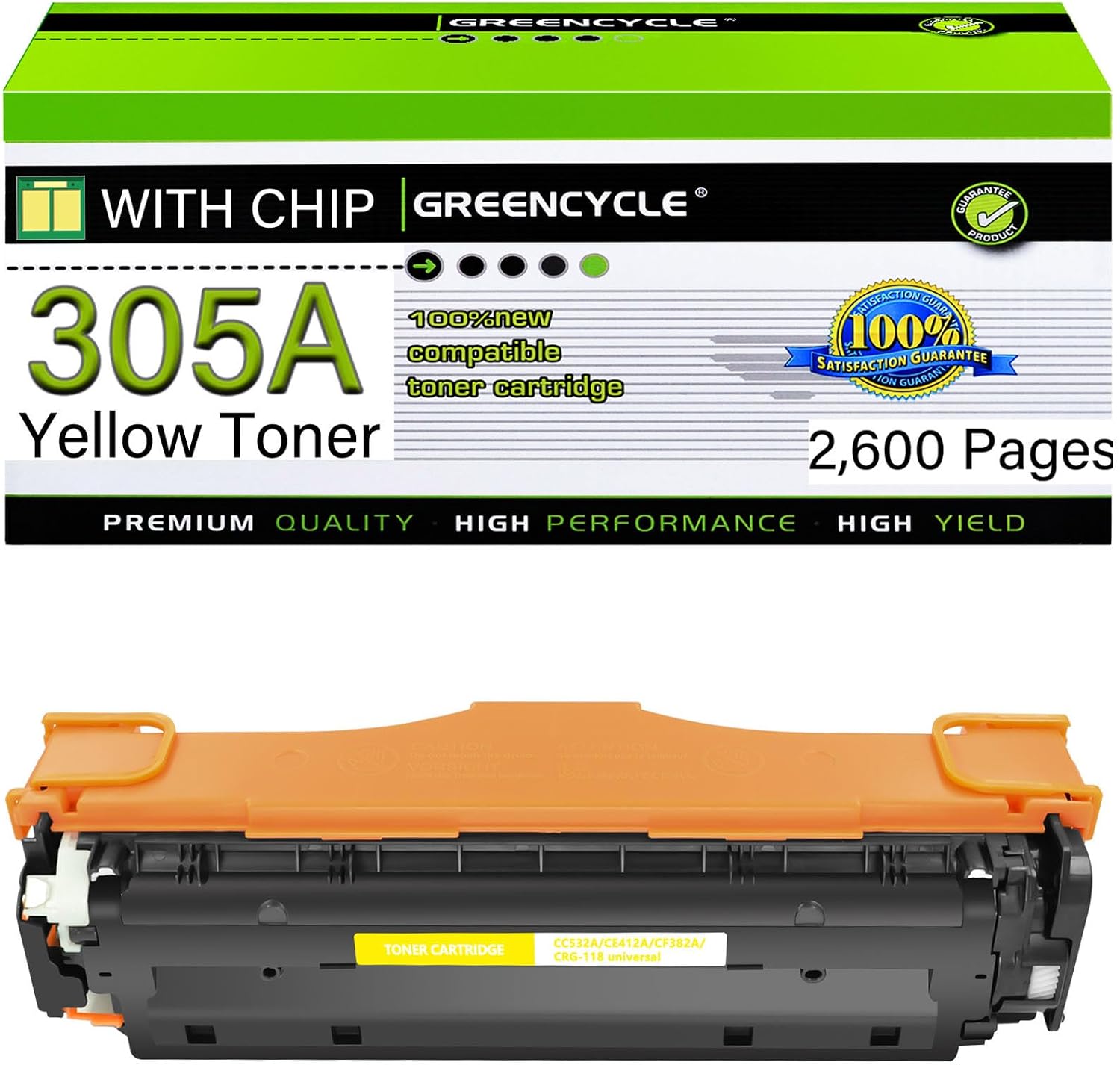 greencycle 305A Compatible Toner Cartridge Replacement for HP 305A CE412A for Laser Jet Pro 400 Color M451dn M451dw M451nw Pro 300 Color M375nw M475dw M475dn Printer (1-Pack Yellow)