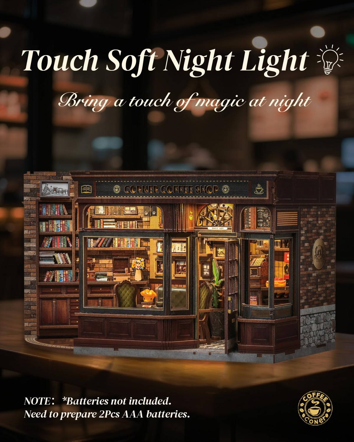 Cutefun Book Nook Kit - Case delle Bambole con Luci LED, Puzzle in Legno per Decorare Scaffali, Casetta DIY per Adulti e Adolescenti - Regalo Perfetto per gli Amanti del Caffè e del DIY