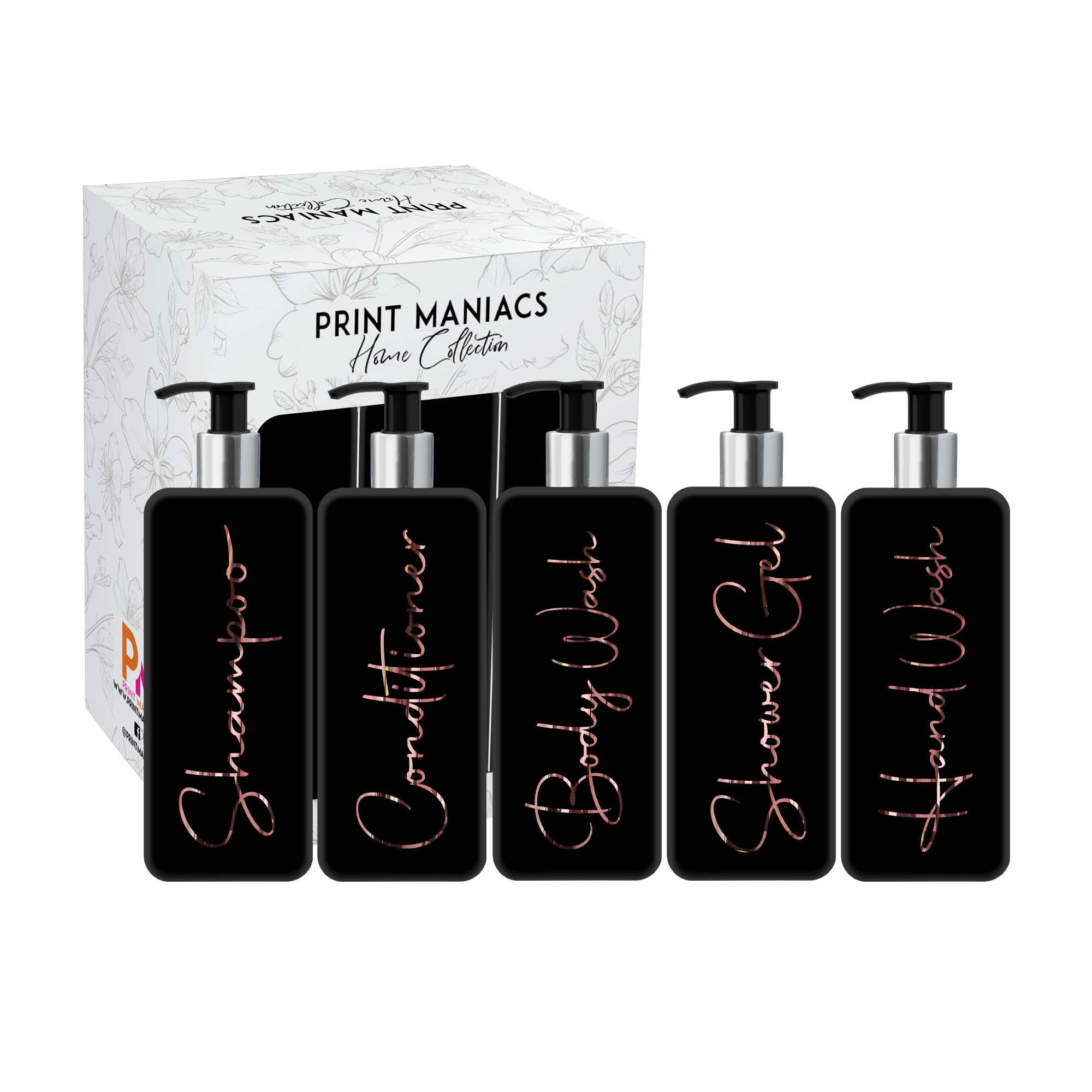 Print ManiacsMrs Hinch Inspired Signature Black 500ml Square Reusable Dispenser Bottle Silver Pump Personalised Bathroom Storage Set F2 (Rose Gold, Shamp, Con, Body Wash, Hand Wash, Shower Gel)