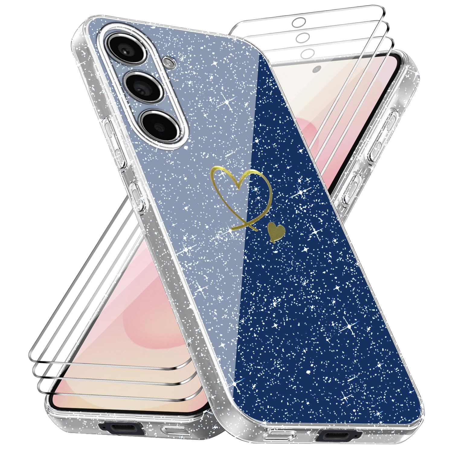 Cover Compatibile con Samsung Galaxy S25 FE 5G ((Non per S25), con 3 Pezzi Vetro Temperato Pellicola Protettiva, Glitter e Antimpronta Custodia, Antigraffio e Morbido Caso - Trasparente