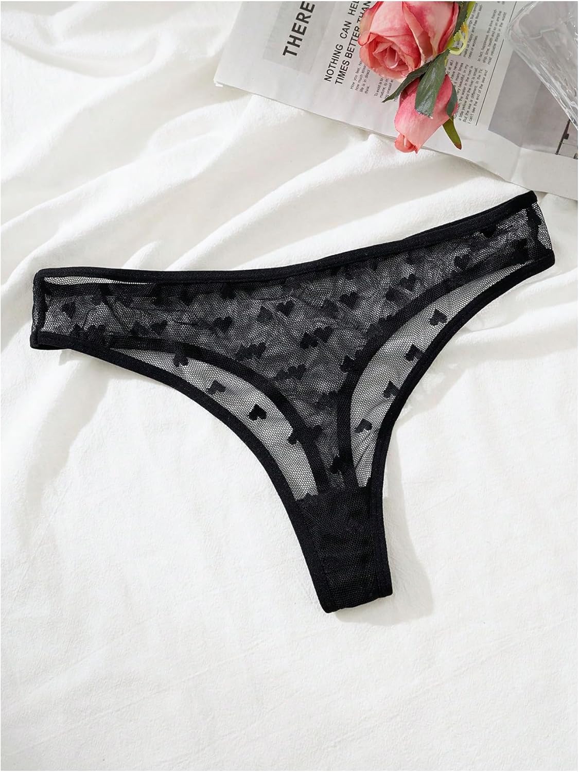 Women's 2 Piece Lingerie Set Heart Graphic Sheer Mesh Wireless Matching Bra and Panty Thong Set - Image 5