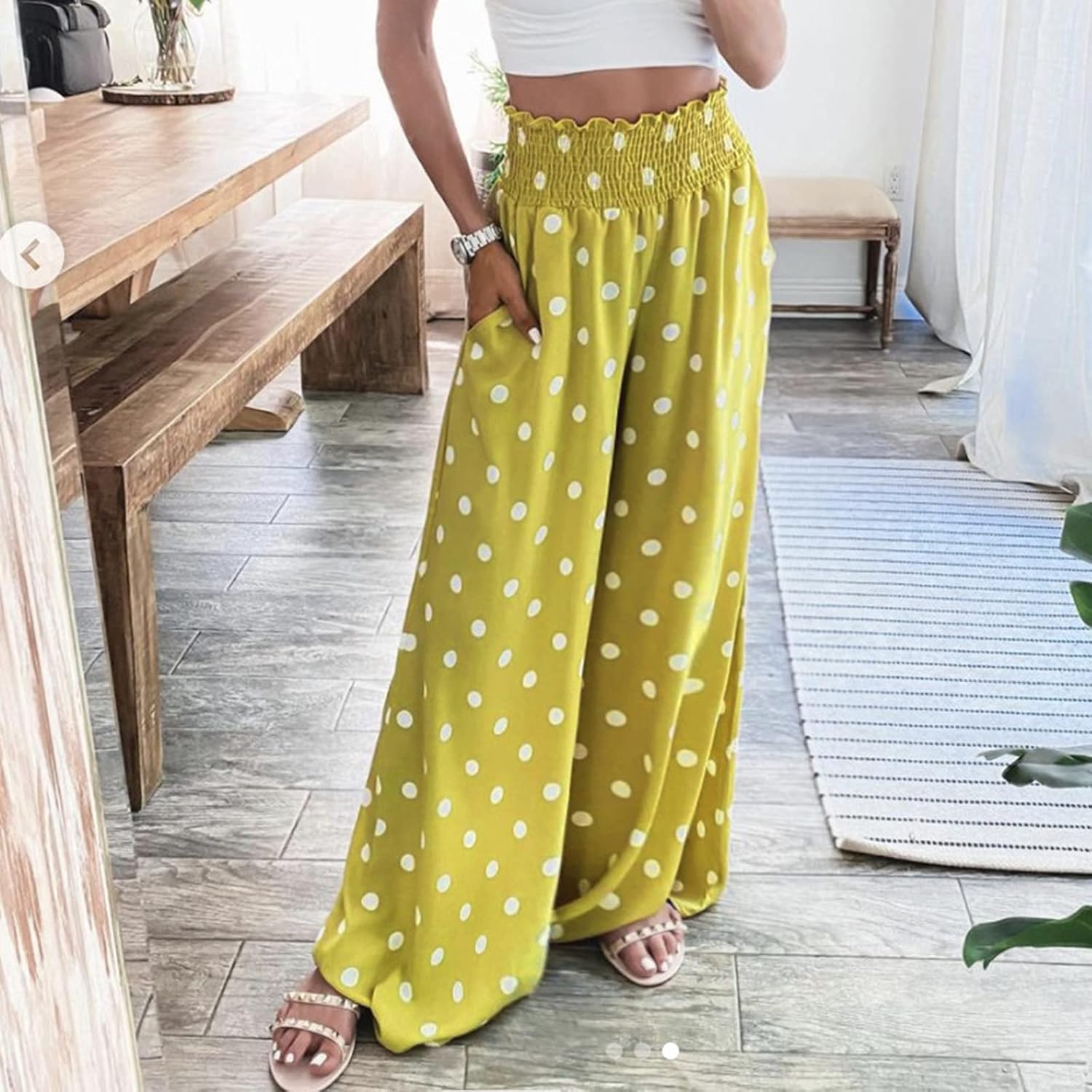 BEIBEIA Summer Pants for Womens,Flower Printed Casual Cotton Linen Wide Leg Drawstring Elastic Waist Capris Cropped Pant at  Women’s Clothing store