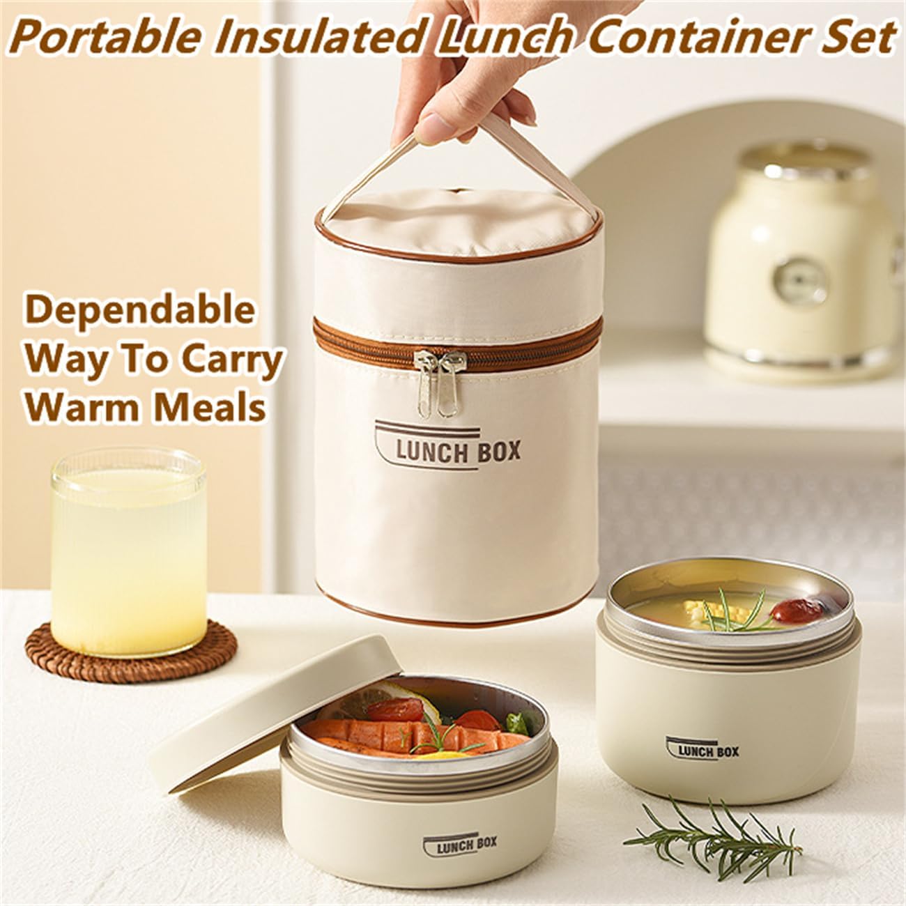 Portable Insulated Lunch Container Set, 2/3/4 Tier 304 Stainless Steel Stackable Thermal Food Containers with Insulated Lunch Bag, Portable Lunch Box for Hot and Cold Food (3, Brown)