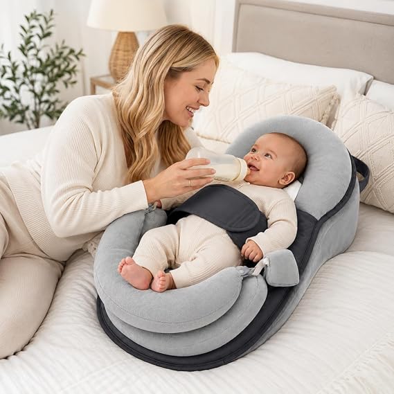 Feeding Pillow for Breastfeeding Bottle Feeding, Baby Nursing Support Pillow with Adjustable Fixed Strap, Breathable Fabric Removable Adjustable Height