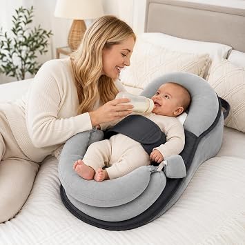 Feeding Pillow for Breastfeeding Bottle Feeding, Baby Nursing Support Pillow with Adjustable Fixed Strap, Breathable Fabric Removable Adjustable Height