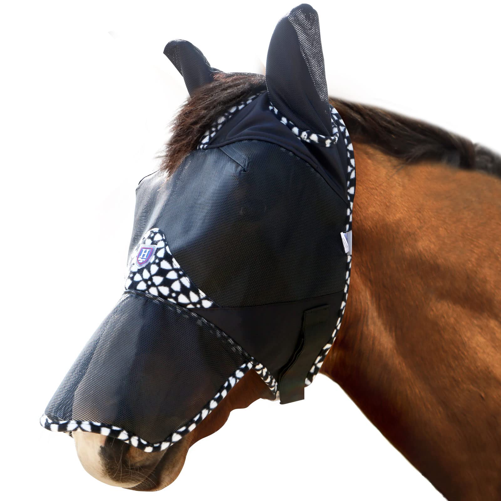 Harrison Howard Horse Fly Mask Long Nose with Ears Fleece Edging with Attractive Patterns Adds More Flair Black Arabian Medium