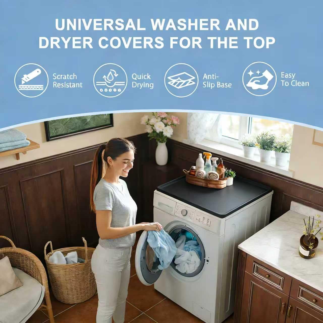 Washer and Dryer Top Protector Mat 24" x 19.7" - Waterproof Silicone Cover with Raised Edges, Non-Slip Washer Dryer Countertop for Laundry Room, Black 2PCS