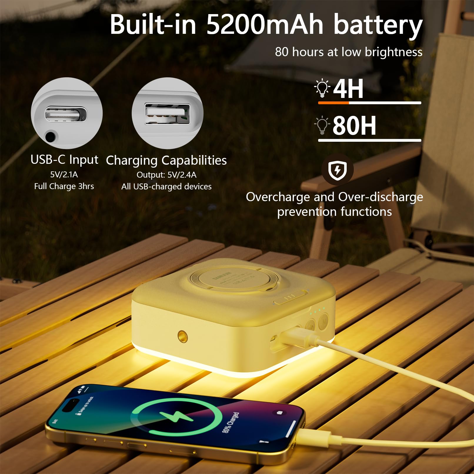 Lanterna da campeggio solare ricaricabile, 5000 mAh, luci da campeggio 3000 lm, luci da campeggio fino a 144 ore, 5 modalità di illuminazione, lanterne impermeabili IPX5 per interruzioni di corrente