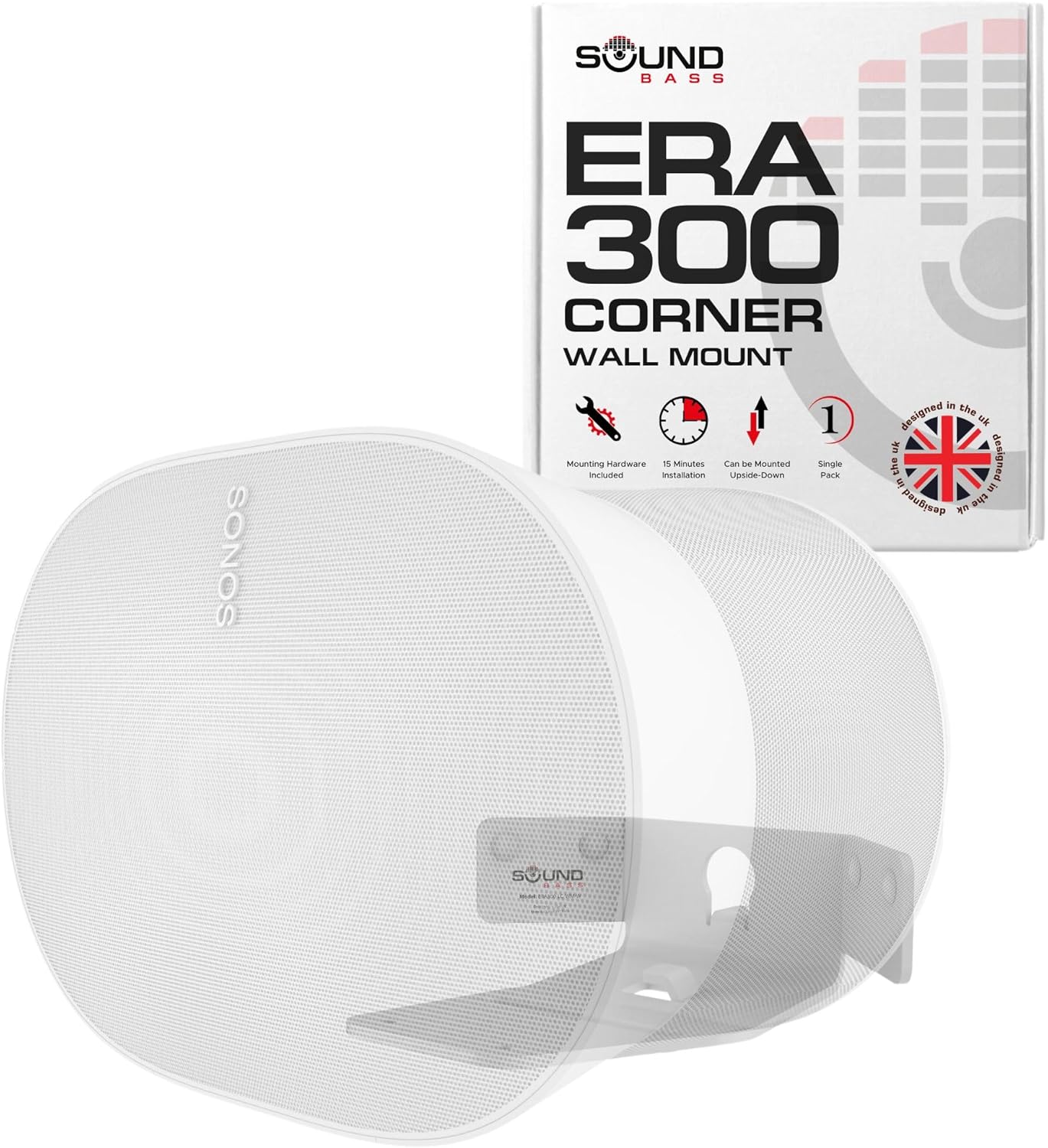 Sound Bass ERA300 Corner Wall Mount Bracket, Low Profile, White, Single (1pc), Includes Mounting Hardware, Compatible with Sonos ERA 300 Speaker