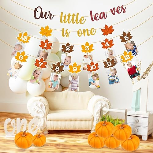 Miniatura 7 de Cartel de fotos de otoño de 1er cumpleaños, hojas de arce, pancarta de fotos de cumpleaños para recién nacidos a 12 meses, guirnalda de banderines