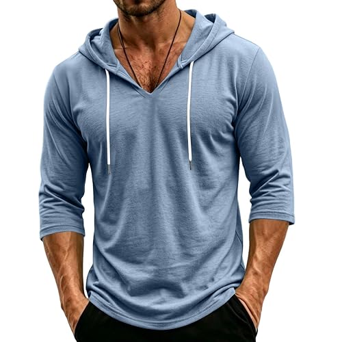 Mens Hooded 3/4 Sleeve Pullover Relaxed Fit Casual Lightweight Comfort