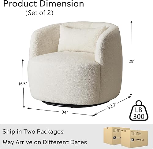 Miniatura 2 de KINWELL Juego de 2 sillas giratorias de barril Boucle de 34 pulgadas de ancho, sin montaje, sillones tapizados redondos, sillas decorativas, sofá