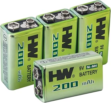 HW 9V Rechargeable Batteries for Smoke Detector, 4 Pack NiMH 200mAh 9 Volt Battery with 1.5 Hour Fast Charge, Pre-Charged Long Lasting 9V Battery for Household Use, Smoke Alarm, Microphones, RC Toys