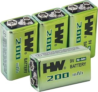 HW 9V Rechargeable Batteries for Smoke Detector, 4 Pack NiMH 200mAh 9 Volt Battery with 1.5 Hour Fast Charge, Pre-Charged Long Lasting 9V Battery for Household Use, Smoke Alarm, Microphones, RC Toys