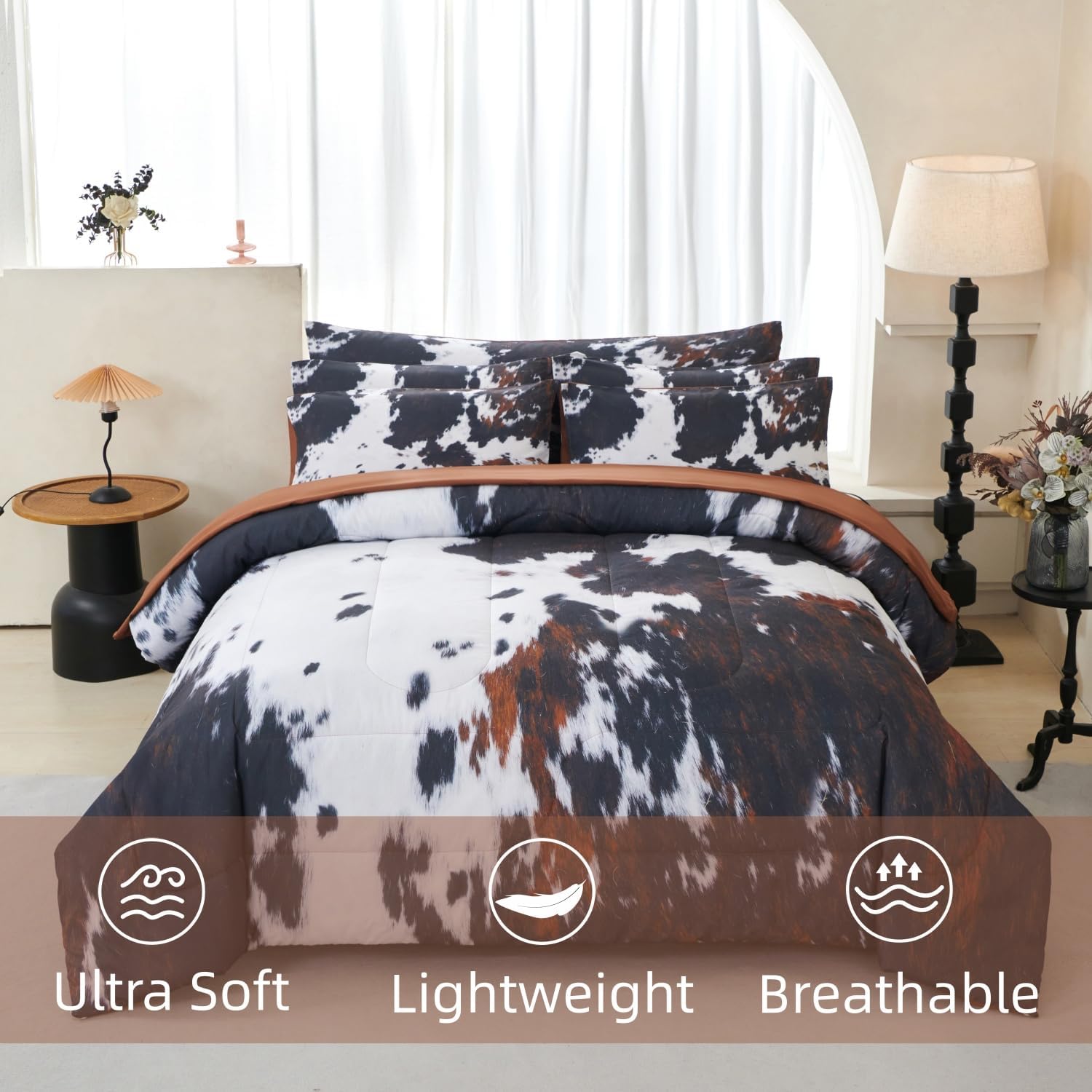 SUCSES King Size Comforter Set 8 Pieces Cow Fur Print Bed Set Western Rustic Bedding Sets Brown Black White Bed Comforter with Fitted Sheet for Bedroom Decoration