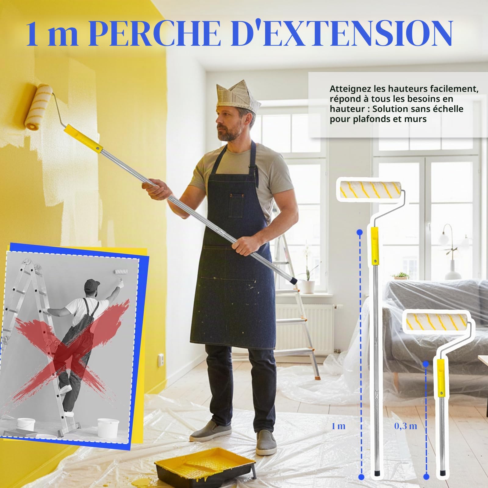 Set de Rouleaux de Peinture 18 pièces avec Rallonge – Rouleaux et Plateaux de Peinture pour Murs et Plafonds Inclut cadres et manchons 9 & 4 pouces, pinceaux – Idéal pour travaux maison