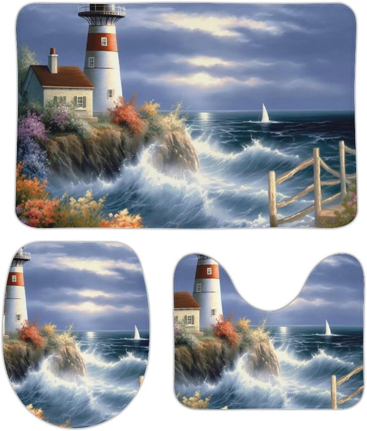 Bathroom Rug Sets 3 Piece,Lighthouse Diamond Painting Design Coral Velvet Bath Mat Set,Non-Slip Absorbent Bathroom Decor Rugs U-Shaped Toilet Rug and Toilet Cover Set 15.7"×23.6"