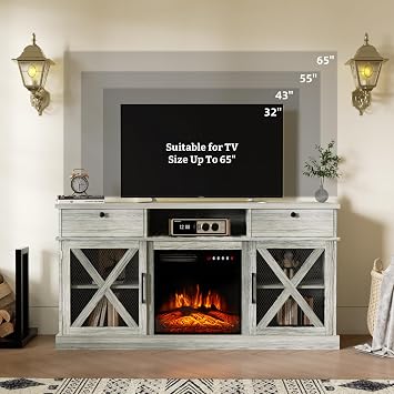 58 Farmhouse Fireplace TV Stand with 18 Electric Fireplace, Entertainment Center TV Console up to 65 with Barn Doors and Drawers for Living Room, Gray