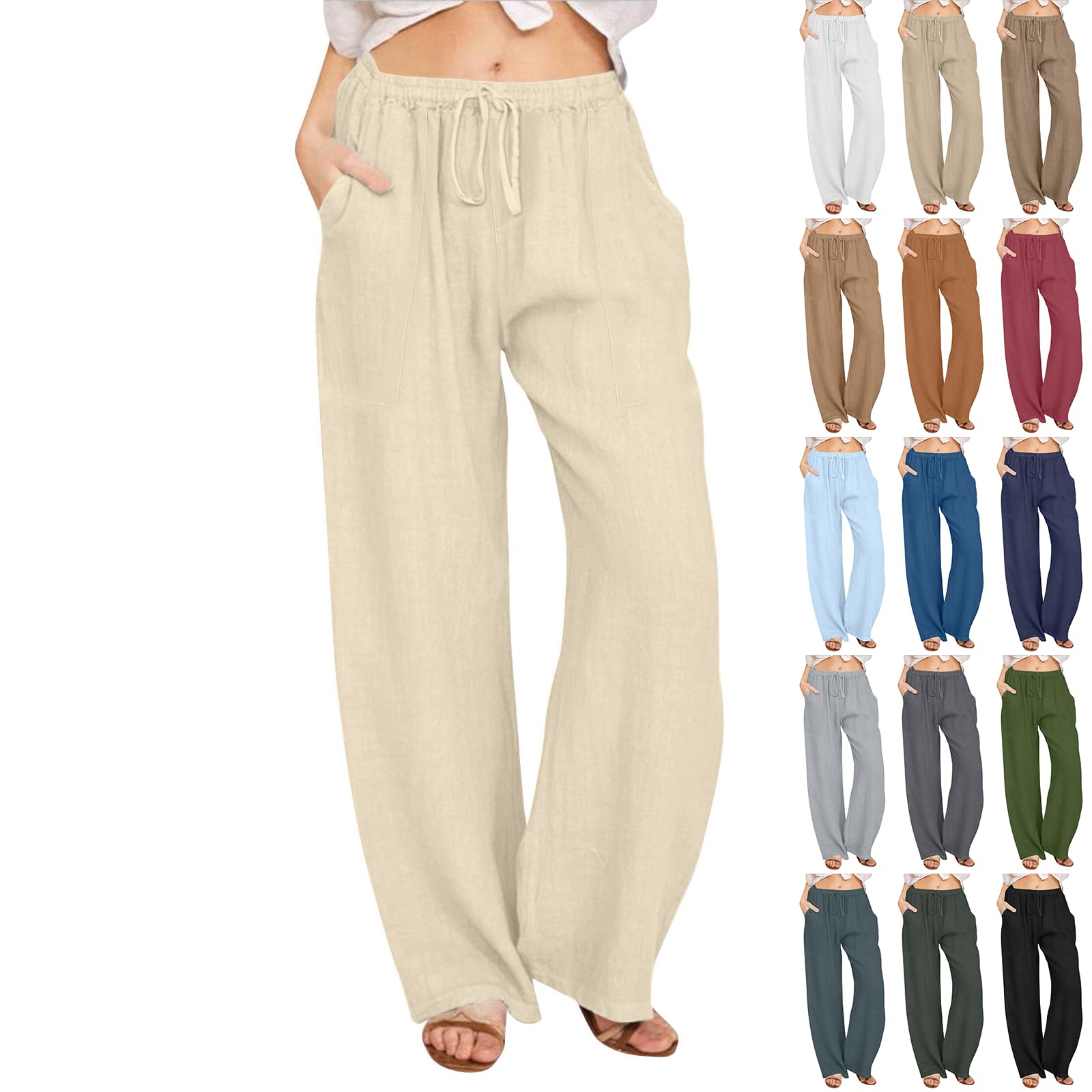 Linen Pants Women Casual Drawstring High Waisted Wide Leg Pants Trendy Boho Beach Travel Comfy Fit Pull On Pants with Pockets Cotton Cute Baggy Soft Tall Pants Trending Womens Clothes