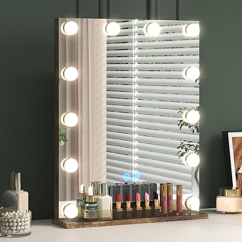 LVSOMT Espejo de tocador con luces, espejo de maquillaje iluminado para escritorio, espejo de tocador de Hollywood con organizador de maquillaje, 3