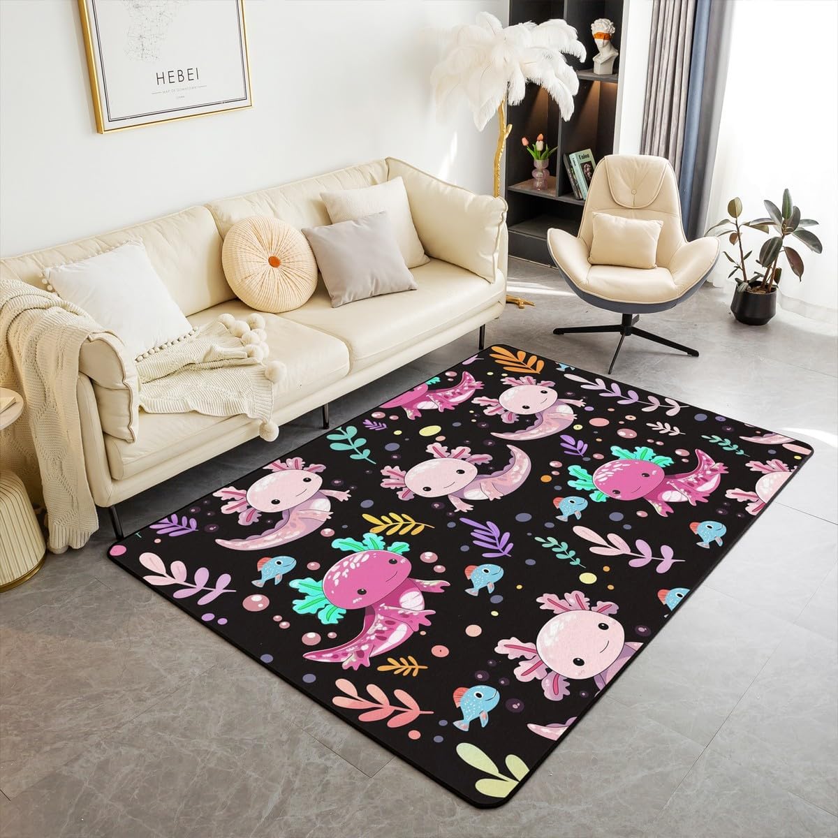 Erosebridal Cartoon Axolotl Area Rug 3x5 for Bedroom,Coastal Animals Carpet Non Shedding for Living Room,Tropical Sealife Indoor Floor Mat,Cute Salamander Decorative Rug