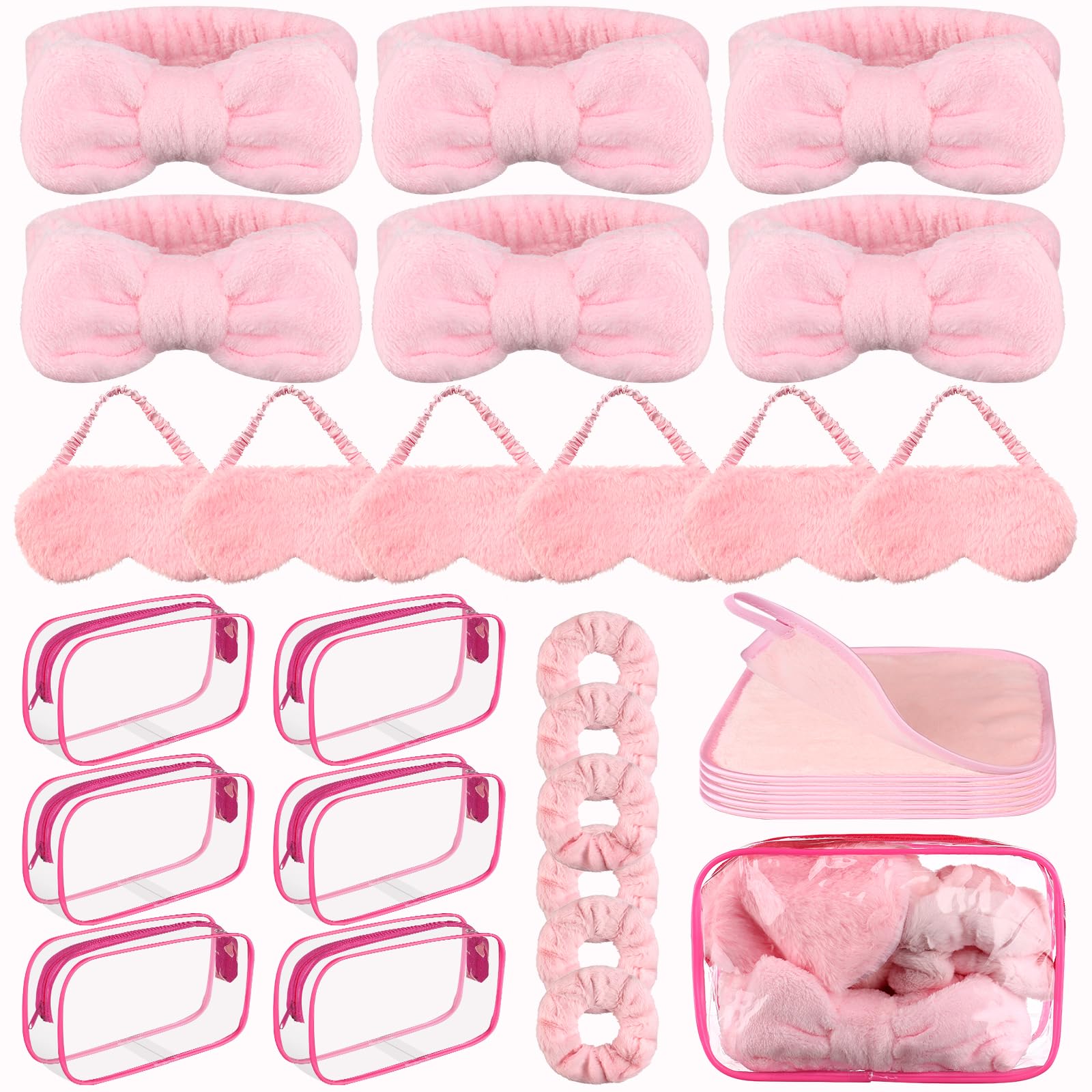 Lot de 30 accessoires de fête pyjama pour filles comprenant 6 bandeaux à nœud rose, 6 masques de sommeil en peluche, 6 chouchous en velours, 6 chiffons démaquillants et 6 trousses cosmétiques en PVC