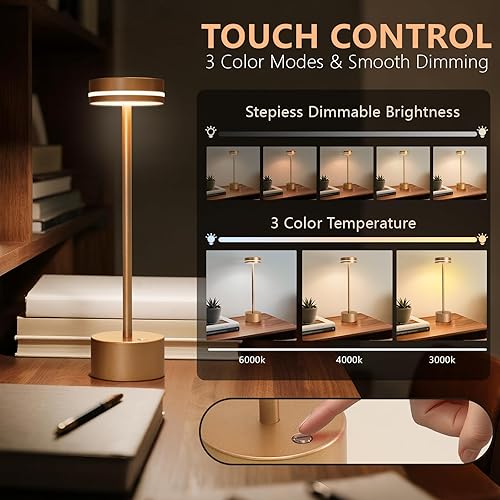 Miniatura 3 de Paquete de 2 lámparas de mesa inalámbricas recargables, lámpara de escritorio táctil, batería de 5000 mAh, luz LED regulable de 3 colores, pequeña