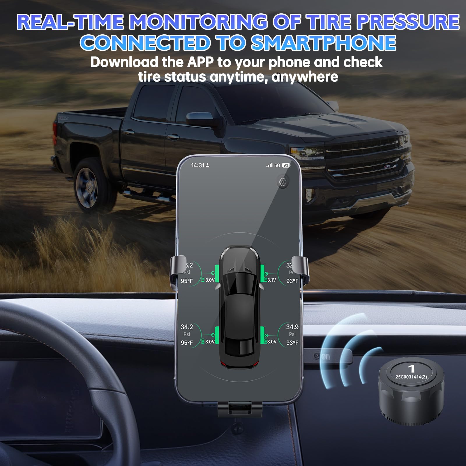 OBEST Sistema de Control de presión de neumáticos Bluetooth con 4 sensores externos, Sensor de presión de neumáticos Bluetooth Sensor de neumáticos App para automóviles y Motocicletas