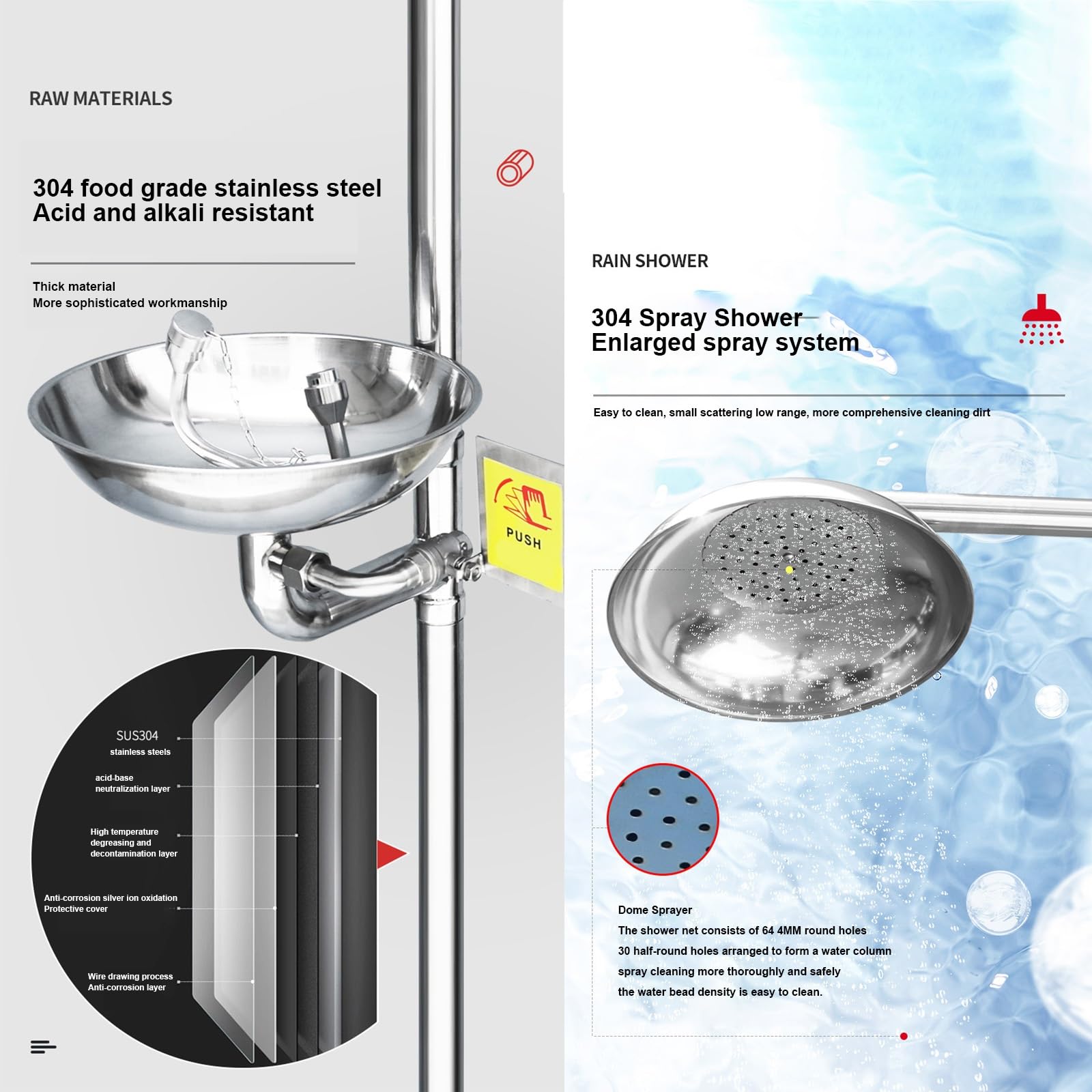 Station de Lavage oculaire d'urgence en Acier Inoxydable à entrée Unique avec pédale et Douche combinée pour Usage en Laboratoire et Industriel,