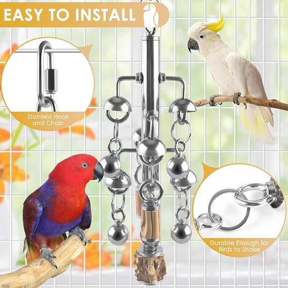 KATUMO Large Bird Toys, Natural Wooden and 304 Stainless Steel Bell Toy for Parrots, 1.46 LB Heavy Birds Cage Toy for Amazon Parrot, African Greys, Budgies, Lovebirds, Cockatiels,Cockatoo