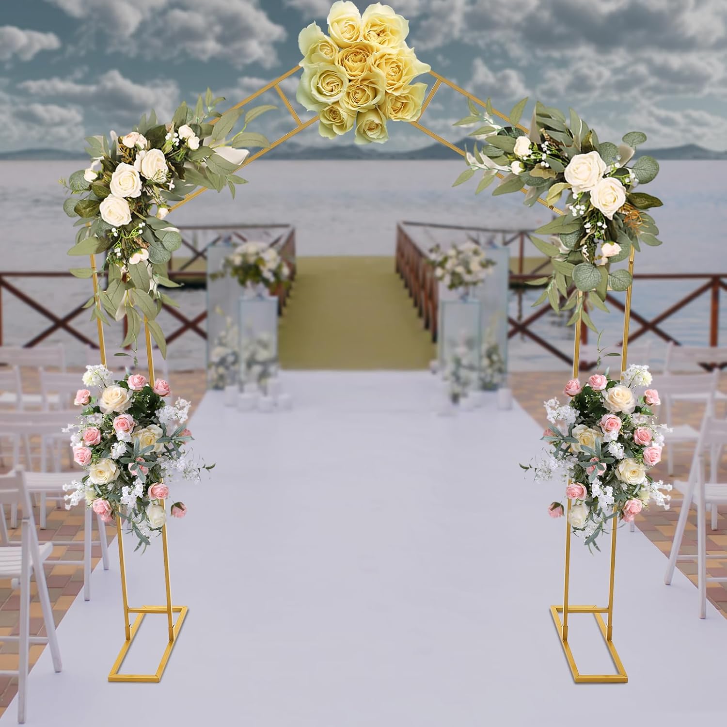 Arch Backdrop Stand A-Shape Wedding Arch Outdoor Flower Garden Trellis Wedding Arch Frame for Garden Decorations, Outdoor Party Decorations, 6.56 * 7.87FT (Gold)