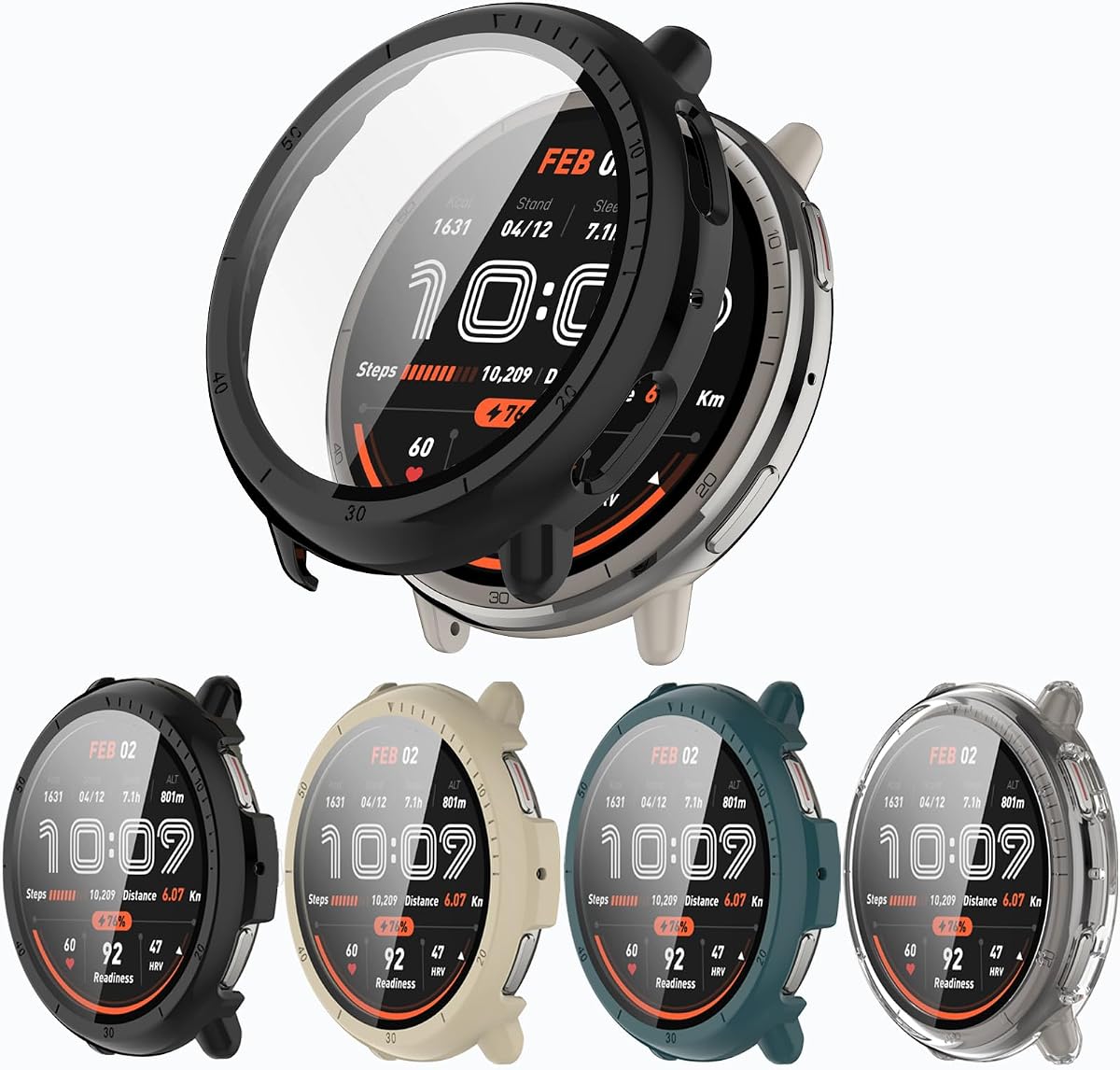 Paquete de 4 protectores de pantalla con vidrio templado compatible con reloj inteligente Amazfit Active 2, carcasa rígida de PC, protector de pantalla, accesorios para parachoques para mujeres y hombres