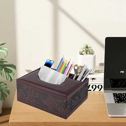 Miniatura 7 de Caja de pañuelos rectangular retro para caja de pañuelos de piel sintética, organizador de pañuelos faciales, caja de almacenamiento multifuncional