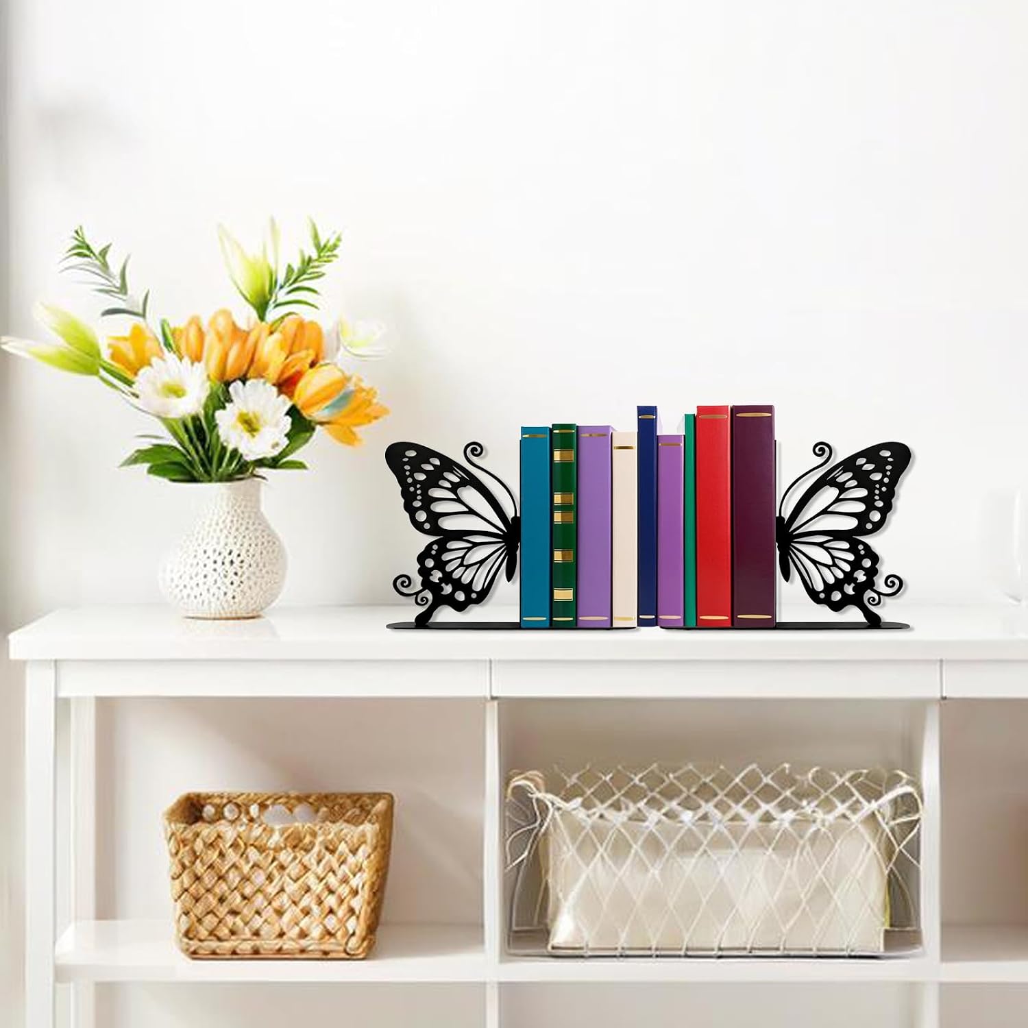 Metal Butterfly Bookends Cute Book Ends for Home Office Decor Bookshelf Decor Accessories Ideal Gift for Book Lovers(Black)
